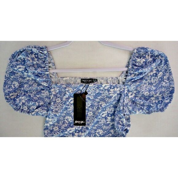 Nasty Gal Women's Sz 8 Blue Floral Got A Puff On You Square Neck Bodycon Dress - Picture 5 of 10